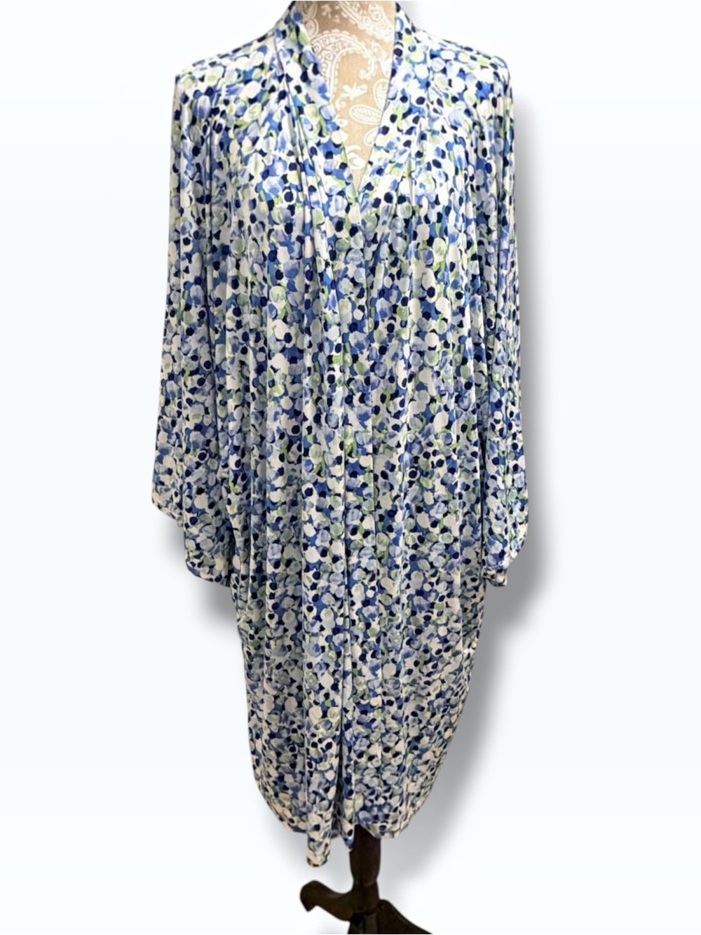 Oscar de la Renta Pink Label Floral Wrap Robe Bell Sleeve Blue Green 3X Flawed